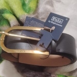 Ralph Lauren Polo Black Leather Belt Brass Buckle NWT $268 Sz M